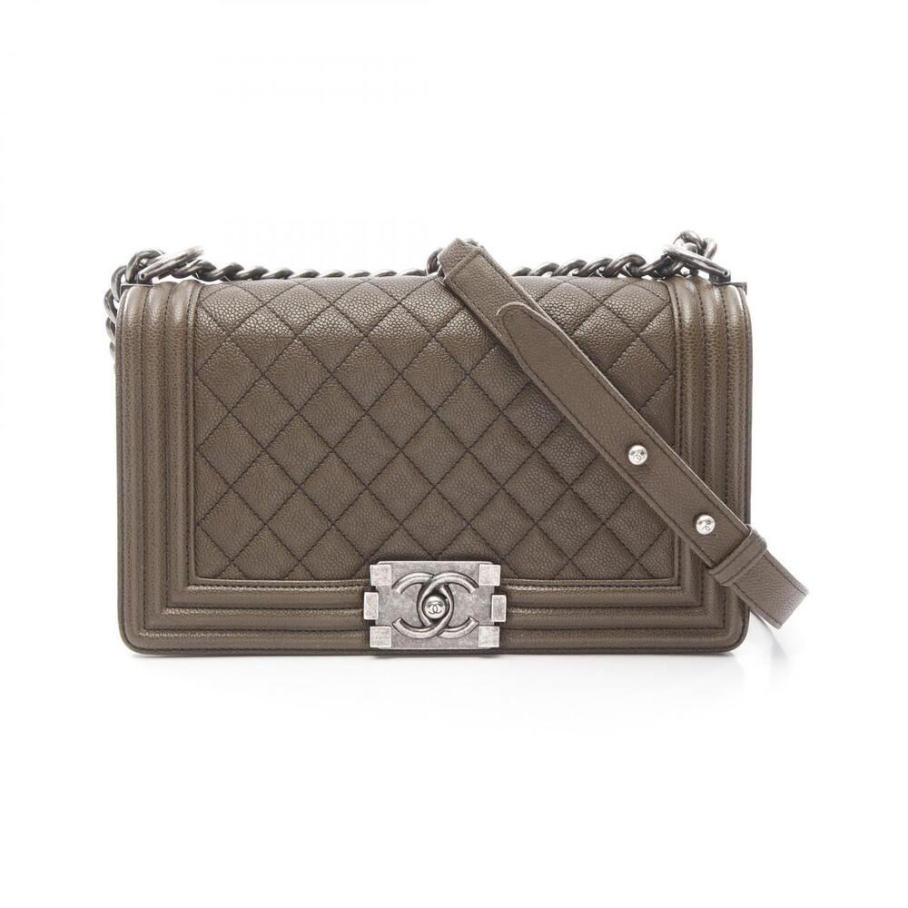 Chanel Boy Shoulder Bag Caviar Skin Grained Calfskin Khaki Green